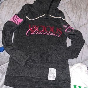 Charcoal hoodie size L with red and pink writing